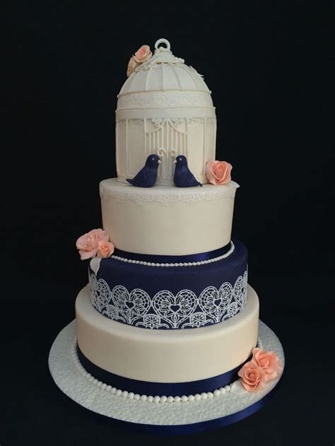 Navy Blue And Coral Vintage Birdcage Wedding Cake Birdcage Wedding