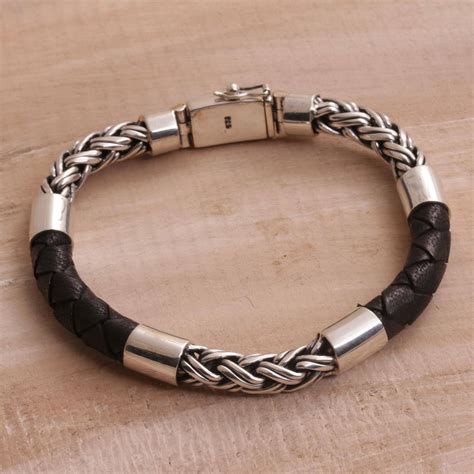 Mens Sterling Silver And Leather Bracelet From Bali One Strength
