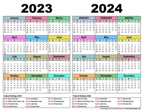2023 2024 Calendar With Federal Holidays United States Year