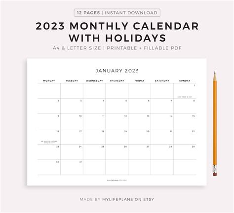 2023 Monthly Calendar With Holidays Printable Calendar Etsy In 2022