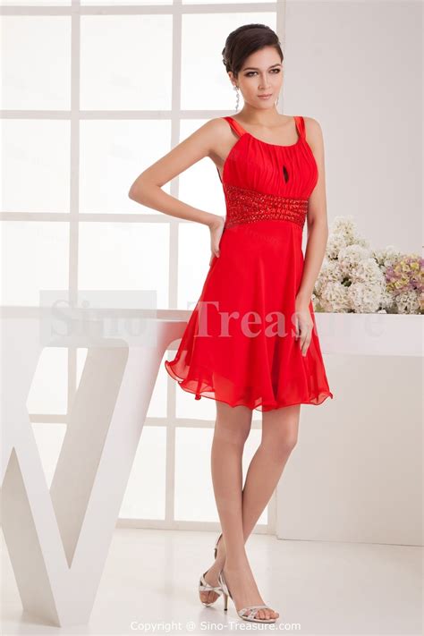 Bright Red Short Chiffon Elastic Woven Satin Cocktail Dress Homecoming Dress With Beading