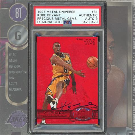 Freshly Graded 1997 Skybox Metal Universe Precious Metal Gems 81 Kobe Bryant Psadna Mint 9