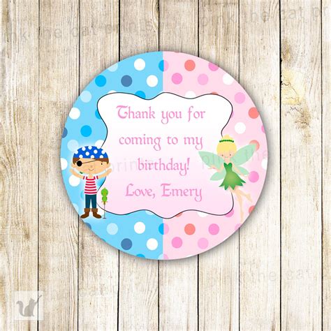 Pirate Fairy Pixie Favor Tag Sticker Label Kids Birthday Pink The Cat