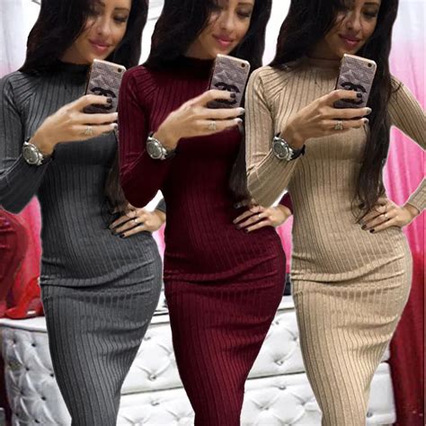 Buy Women Stripes Knitted Dresses Autumn Winter Dress Sexy Bodycon Vestidos