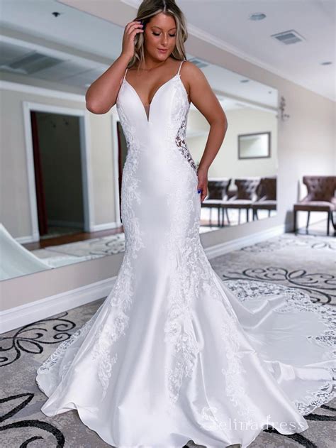 Mermaid Spaghetti Straps White Lace Wedding Dresses Satin Wedding Gown