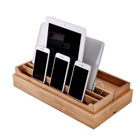 3 Piece Eco Friendly Bamboo Multi Device Organizer Charging Station And