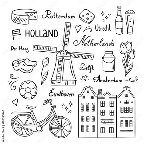 Hand Drawn Netherlands Illustration Set Holland Symbols Visit