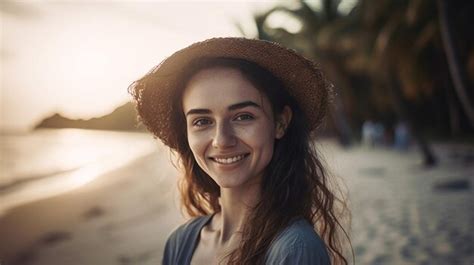 Premium Ai Image A Woman On A Beach Wearing A Hat