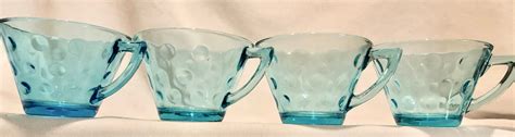 Vintage Hazel Atlas Capri Dot Turquoise Aqua Glass Tea Cups Set Of Four