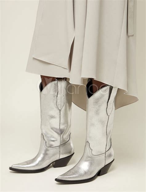 Silver Cowboy Boots Women Pointed Toe Wide Calf Boots Plus Size High