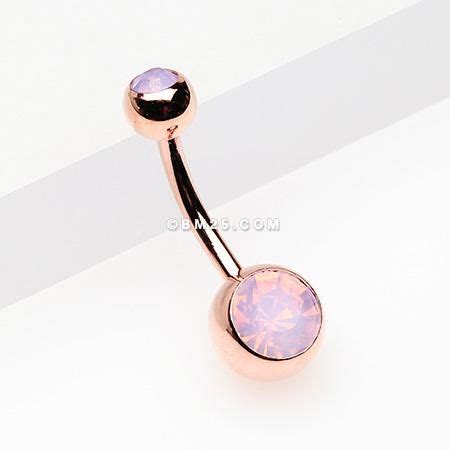 Rose Gold Opalite Double Gem Ball Steel Belly Button Ring Rose Water