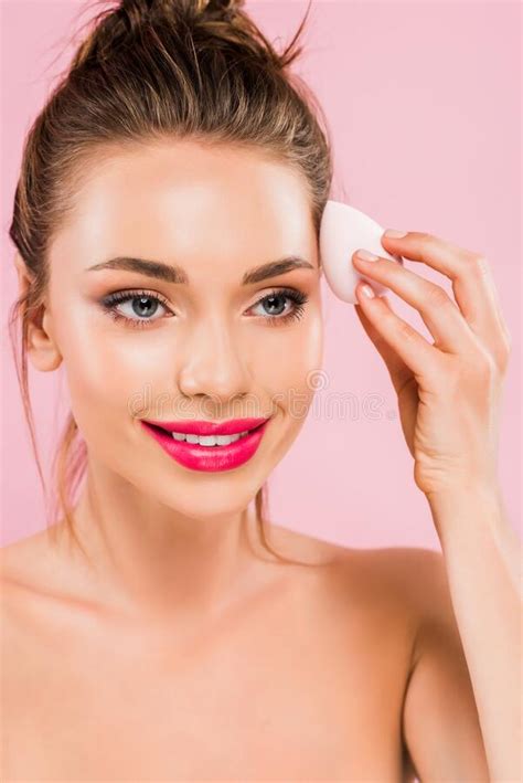 Smiling Naked Beautiful Woman With Pink Stock Image Image Of Makeup