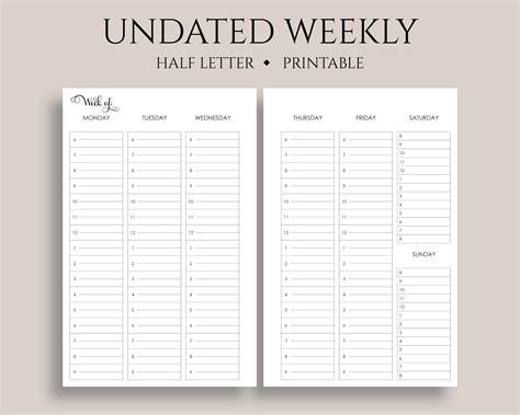 Undated Vertical Weekly Layout Timed Hourly Printable Planner Inserts
