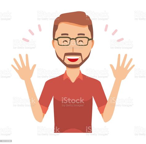 A Bearded Man Wearing Eyeglasses Is Spreading Her Hands Stock