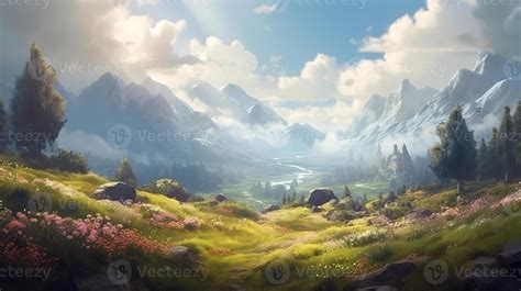 Meadow Fantasy Backdrop Concept Art Realistic Illustration Background