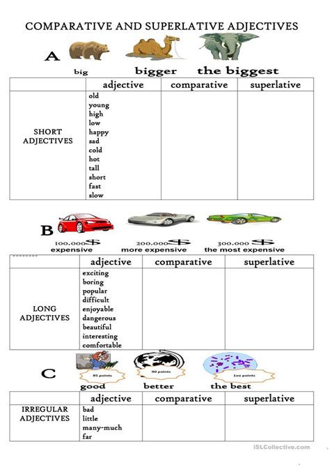 The comparative form of an adjective is used for comparing two people or things (e.g., he is taller than comparative. comparative and superlative adjectives worksheet - Free ...