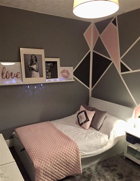Grey And Pink Teen Girls Bedroom Geometric Walls With Picture Shelf