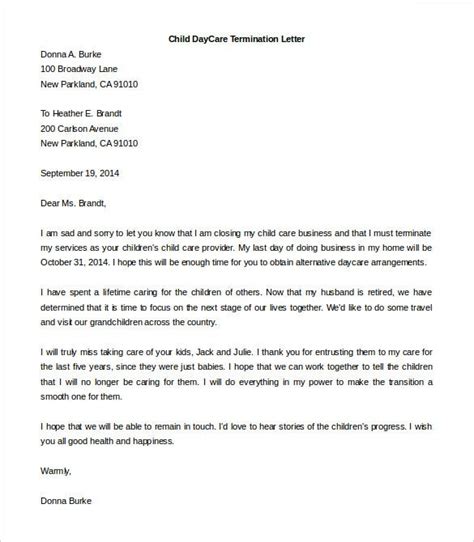 I want to transfer my job from current state to my hometown and need a sample letter for that. 13+ Daycare Termination Letter - Free Word, PDF Documents Download! | Free & Premium Templates