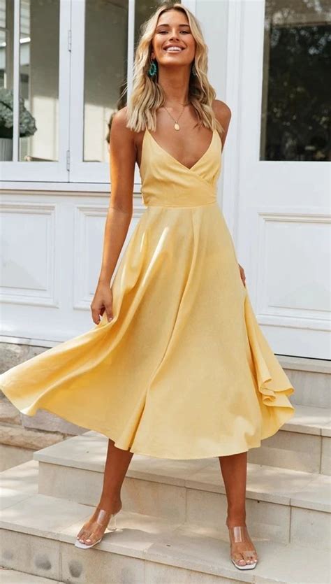 Yellow Surplice Backless Bowknot Dress In Short Long Dresses