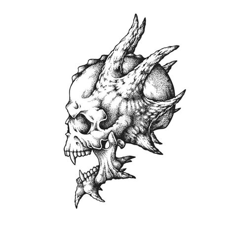 Horned Devil Skull From The Side View Hand Drawn Vector Illustration