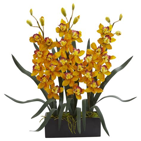 Cymbidium Orchid Artificial Arrangement In Black Vase 1564 Nearly Natural