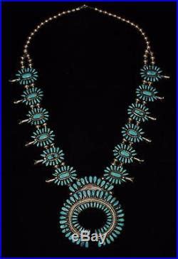 J M Begay Navajo Petit Point Turquoise Sterling Silver Squash Blossom