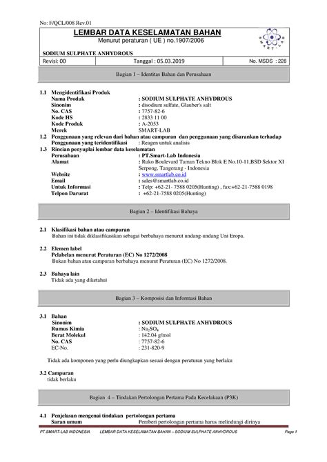 Msds Sodium Sulphate Anhydrous Indo Lembar Data Keselamatan Bahan