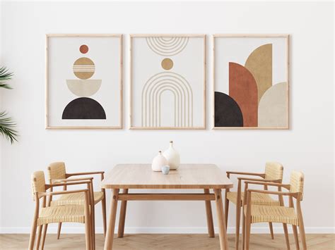 Mid Century Modern Art Set Of 3 Neutral Abstract Geometric Etsy