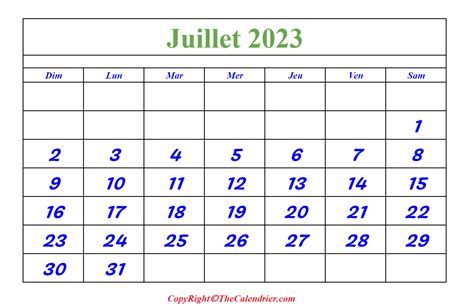 Calendrier Juillet 2023 à Imprimable The Calendrier