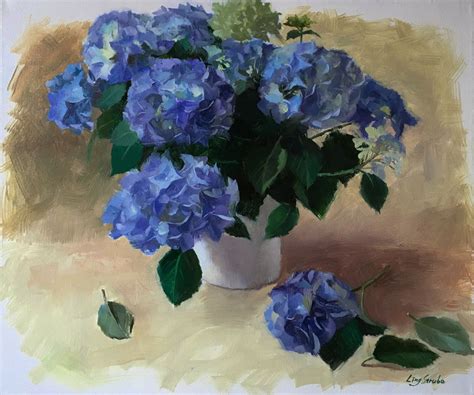 Blue Hydreangeas Oil Painting By Ling Strube Painting Flower
