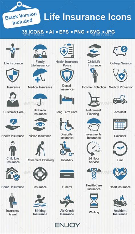 A Large Set Of Blue And White Icons With The Words Life Insurance
