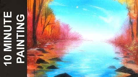 Painting An Autumn Forest With Fall Leaves On The Lake With Acrylics In