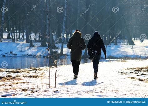 Two People Walk Together In Park In Winter Against Sunlight Editorial