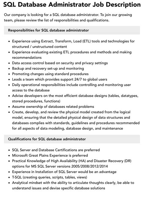 Sql Database Administrator Job Description Velvet Jobs