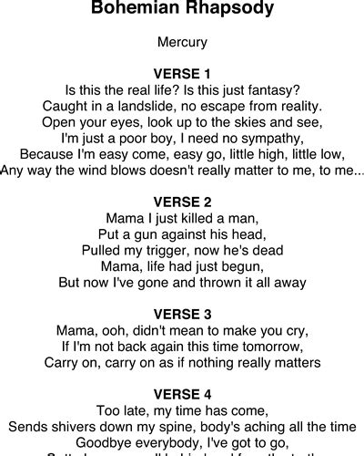 Bohemian Rhapsody Lyrics Sheet Music By Queen Nkoda