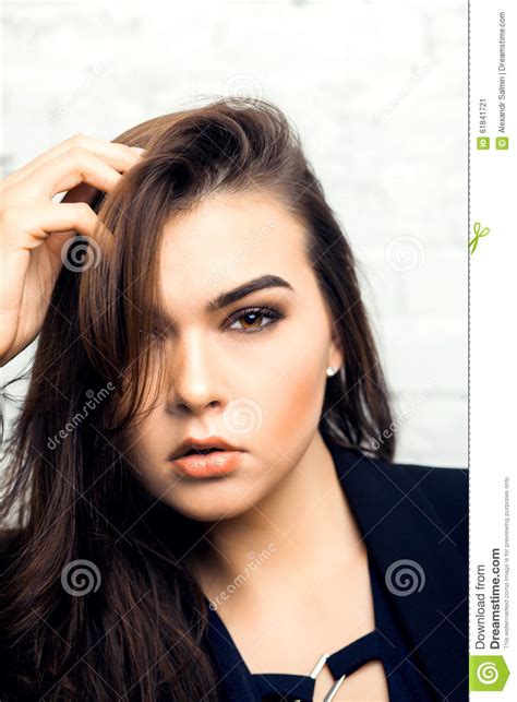 beautiful brunette girl with hair curled tail stock image image of gloss curled 61841721