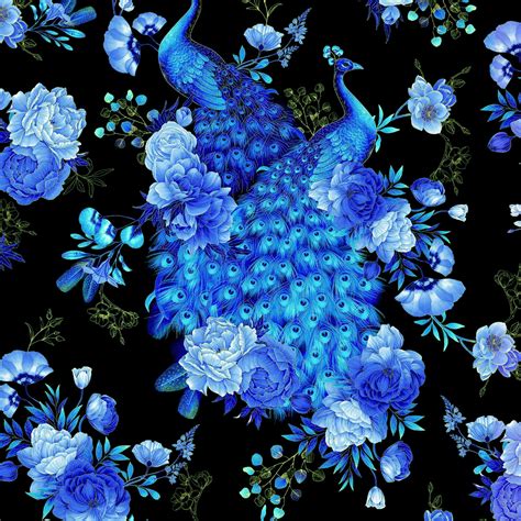 Timeless Treasures – Royal Plume – Royal Blue Peacock And Floral W