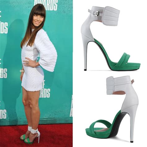 Jessica Biel Green And White Sandals At Mtv Movie Awards Popsugar Fashion