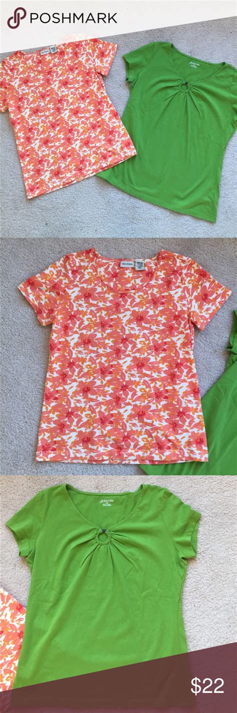 Womens Small Shirts Orangered Floral Crew And Green Shirt With Ring