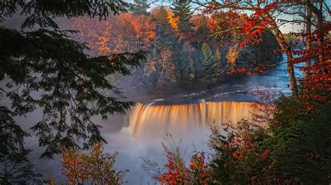 Autumn Waterfall Forest During Daytime 4k Nature Hd Desktop Wallpaper