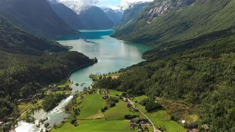 Beautiful Nature Norway natural landscape. Aerial footage lovatnet lake ...