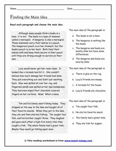 Main Idea Passages And Questions 5th Grade