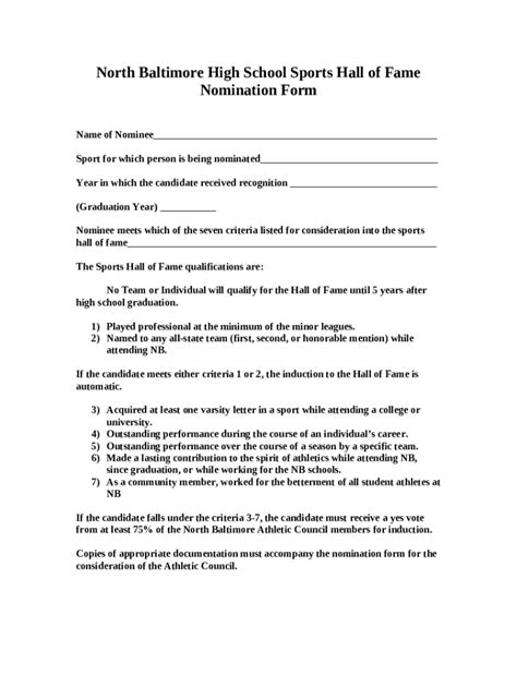 North Baltimore High School Sports Hall Of Fame Nomination Doc Template