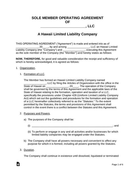 Short form delaware operating agreement : Hawaii Single-Member LLC Operating Agreement Form - eForms