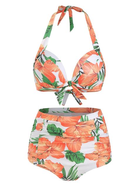 [24 Off] 2020 Flower Halter Tummy Control Bikini Set In Pumpkin Orange Dresslily