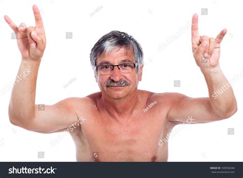 Naked Middle Aged Man Rebel Gesturing Isolated On White Background Stock Photo