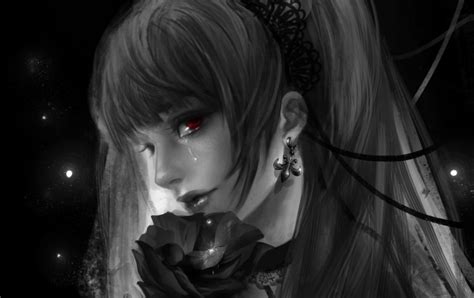 Anime Sad Girls Drops Flowers Black And White Widescreen
