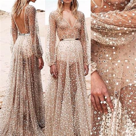2020 Europe Sexy Gauze Sequin Perspective Long Sleeve Pleated Maxi