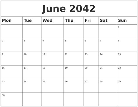 June 2042 Blank Calendar