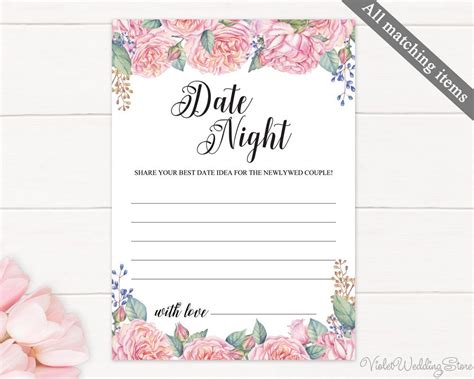 Date Night Wedding Card Printable Date Night Card Pink Roses Date Night Watercolor Flower